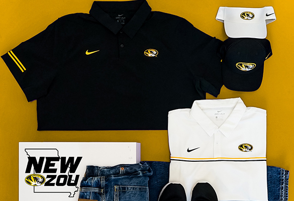 Mizzou-branded Nike apparel including polos, hats, visors and shirts in white and black on a gold background.