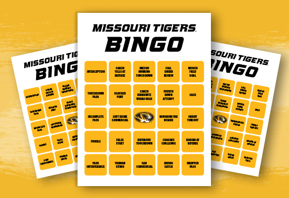 Three images of Missouri Tigers Bingo cards on a gold background.