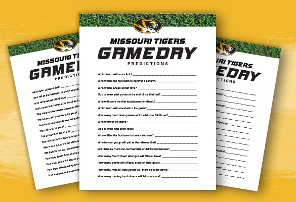 Graphic showing the Missouri Tigers Game day predictions game sheet.