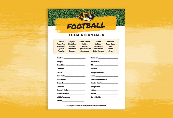 Graphic showing the "Football Team Nicknames" game sheet