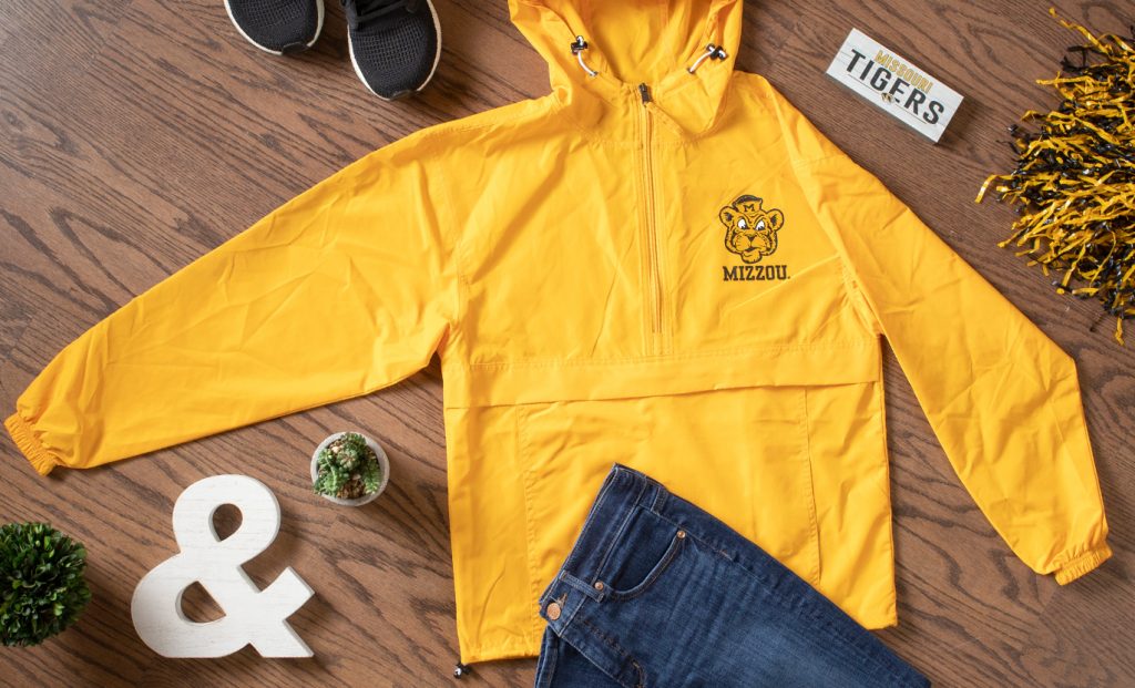 Rain jacket with vintage Mizzou sailor tiger head.