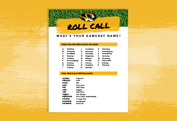 Graphic for finding your game day name based on first name letter and birth month.